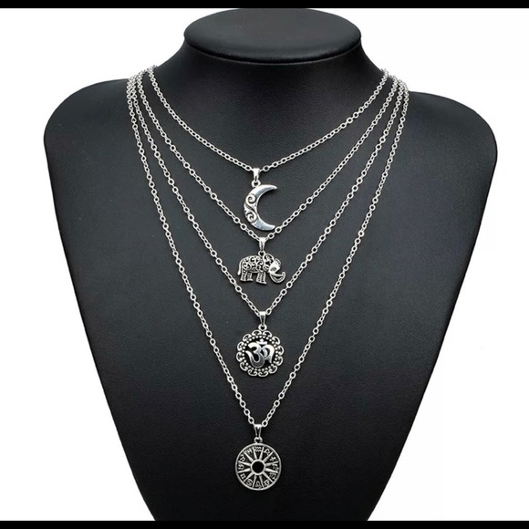 Docona Bohemian Necklace Moon Elephant Ancient Pendent Silver Color Long Alloy - Picture 4 of 5